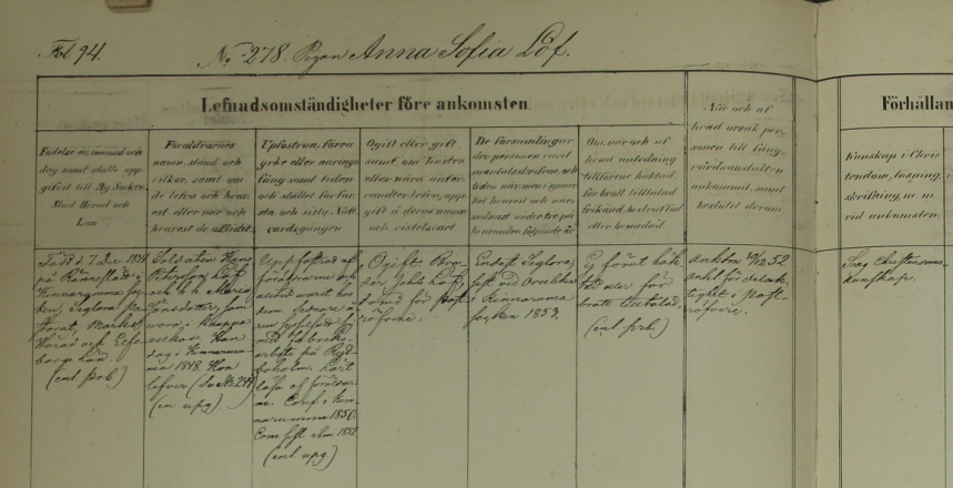 Fånge 278 pigan Anna Sofia Löf  mom till Vänersborgs fängelse 1852-12-30 anklagad för delaktighet i poströveri (Bild från www.arkivdigital.se)